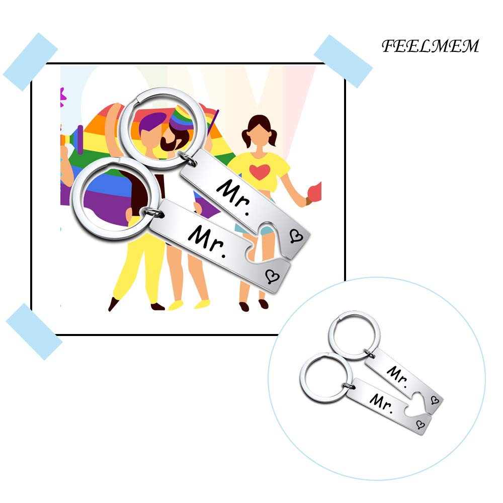 FEELMEM Mr. and Mr. Gay Couple Keychain Set His and His Same Sex Gay Wedding Keyring Gift Gay Marriage Gifts (silver)