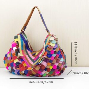 Segater® Women’s Full Sheepskin Tobo Bag Multicolour Patchwork Shoulder Bag 3D Leaf Stripe Pattern Colorful Tassel Handbag Purses Multicoloured