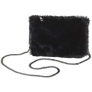 luxe l 100% faux fur clutch handbag for women soft modern purse wallet with 2-zippered compartments, black