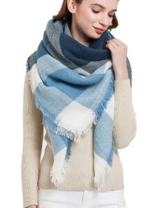 wander agio womens warm blanket scarf square winter shawls infinity scarves stripe plaid blue navy cyan 2