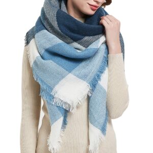 Wander Agio Womens Warm Blanket Scarf Square Winter Shawls Infinity Scarves Stripe Plaid Blue Navy Cyan 2