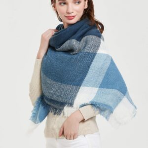 Wander Agio Womens Warm Blanket Scarf Square Winter Shawls Infinity Scarves Stripe Plaid Blue Navy Cyan 2