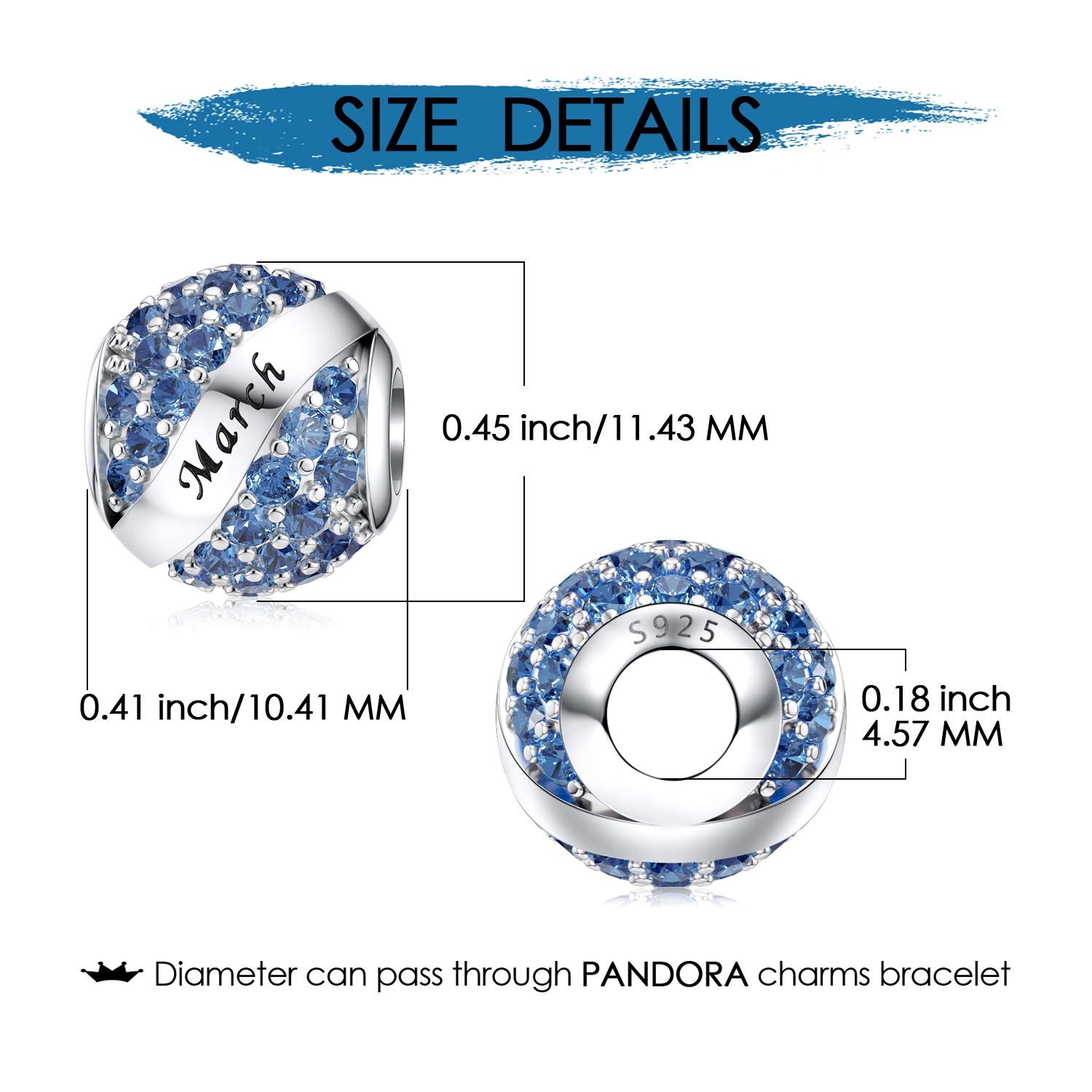 JIAYIQI March Birthstone Charms for Pandora Charms Bracelet 925 Sterling Silver Bead Openwork Charms Happy Birthday Charms for Bracelet and Necklace