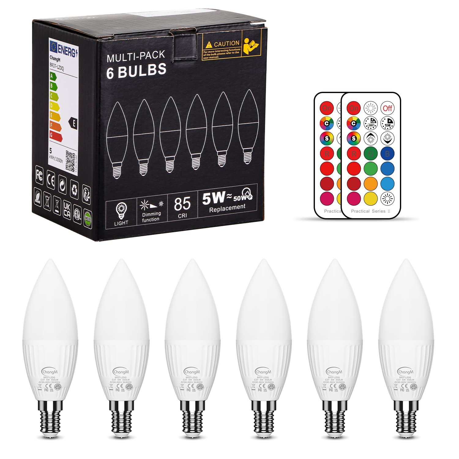 E12 LED Light Bulbs 5W,40W Equivalent, Small Base B11 Candelabra Light Bulbs, Set of 6 LED Color Changing Light Bulbs, Dimmable Color Candle Bulb with Remote Control RGB Cool White 5700K