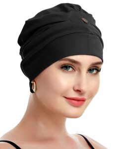 osvyo cotton chemo turbans for women cancer hairloss hat - cotton lightweight headwear sealed packaging black