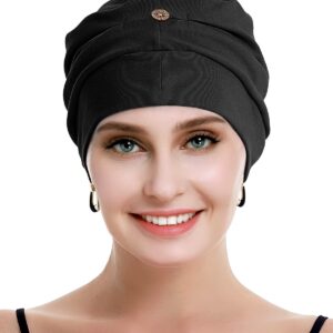 osvyo Cotton Chemo Turbans for Women Cancer hairloss hat - Cotton LightWeight headwear Sealed Packaging BLACK