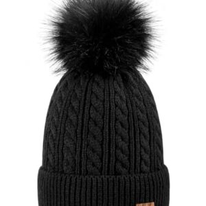 Alepo Womens Winter Beanie Hat, Warm Fleece Lined Knitted Soft Ski Cuff Cap with Pom Pom(Black)