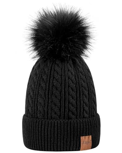 Alepo Womens Winter Beanie Hat, Warm Fleece Lined Knitted Soft Ski Cuff Cap with Pom Pom(Black)