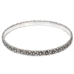 NOVICA Artisan Handcrafted Sterling Silver Bangle Bracelet Artisan Floral No Stone Indonesia [0.2 in W] ' Silver Garland'