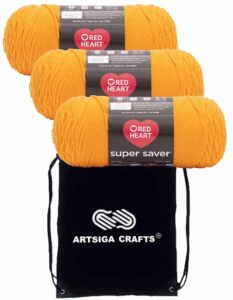 red heart super saver saffron e300-234 (3-skeins - same dye lot) worsted medium #4 acrylic yarn for crocheting and knitting - bundle with 1 artsiga crafts project bag