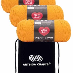 Red Heart Super Saver Saffron E300-234 (3-Skeins - Same Dye Lot) Worsted Medium #4 Acrylic Yarn for Crocheting and Knitting - Bundle with 1 Artsiga Crafts Project Bag