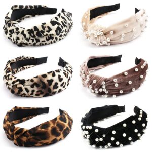 TOBATOBA Headbands for Women, Pearl Headband Leopard Headbands for Women Girls, Cute Headband with Pearls, Wide Top Knot Headband, Beaded Women headbands Fashion Hair Accessories for Women and Girls