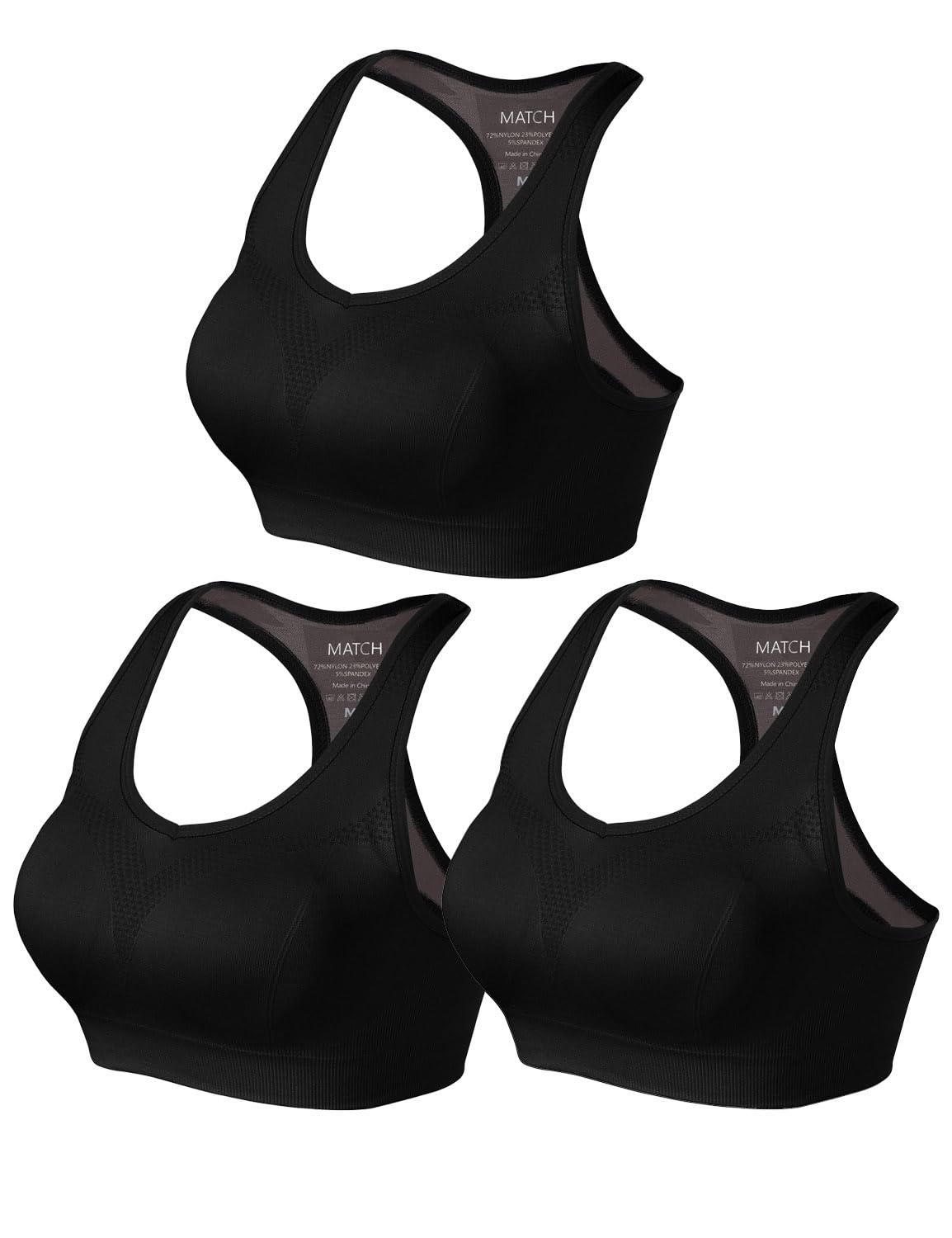 Match Racerback Sports Bras for Women – Padded Seamless Strappy Workout Tops for Yoga Gym Runing Fitness Sports Bras (1 Pack of 3(Black), Medium)