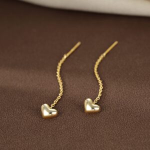 Reffeer 925 Sterling Silver Tiny Cute Heart Dangle Earrings Chain for Women Teens Heart Threader Earrings Tassel (B-Gold)