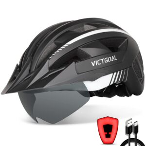 VICTGOAL Bike Helmet with USB Rechargeable Rear Light Detachable Magnetic Goggles Removable Sun Visor Mountain & Road Bicycle Helmets for Men Women Adult Cycling Helmets (L: 57-61 cm, Black White)