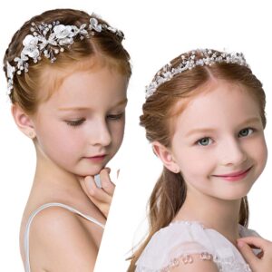 willbond 2 pieces wedding flower crown princess wedding headpiece baptism gift first communion headpiece for girls communion veil crystal tiara for girls wedding and flower girls