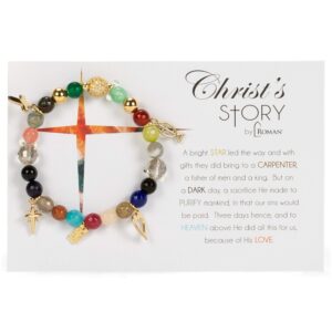 Roman 7-inch Christ Story Agate Gold Stretch Carded Bracelet