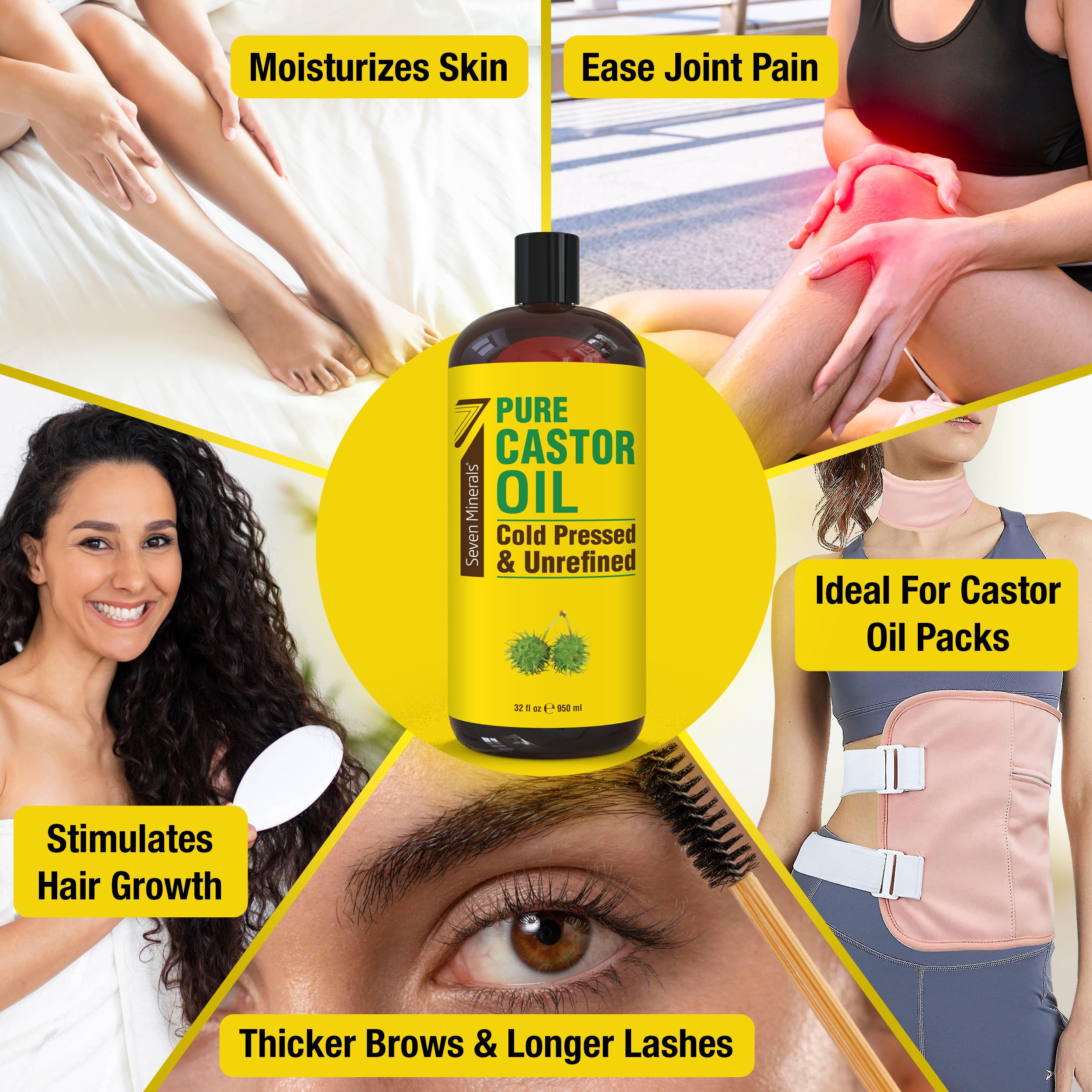 Pure Cold Pressed Castor Oil - Big 32 fl oz Bottle - Unrefined & Hexane Free - 100% Pure Castor Oil for Hair Growth, Thicker Eyelashes & Eyebrows, Dry Skin, Healing, Hair Care, Joint and Muscle Pain