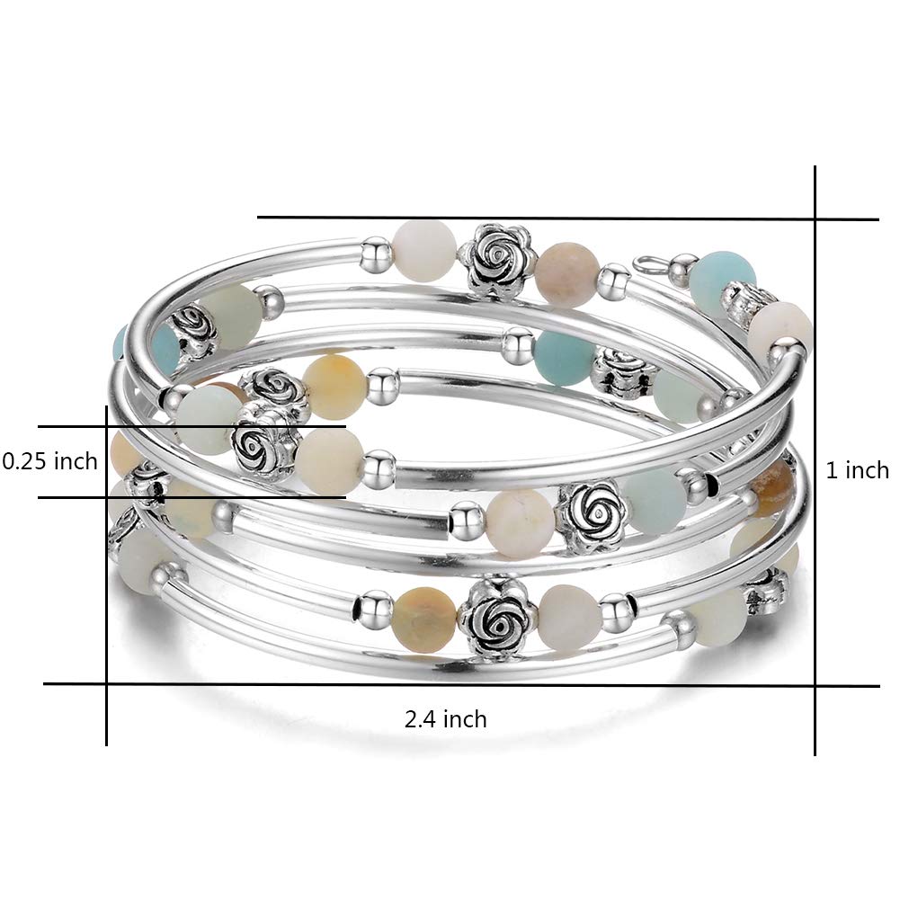 BULINLIN Wrap Bangle Rose Bead Bracelet - Beaded Bracelet with Natural Agate Stone Gifts For Women(01-Amazon Green)