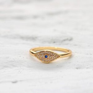 MEVECCO Gold Cubic Zirconia Blue Evil Eye Stacking Ring,14K Gold Plated Dainty Sapphireblue Colored Band Stackable Rings