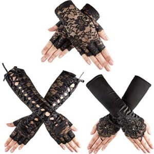 satinior 3 pairs women gothic gloves black lace fingerless gloves bridal wedding gloves tea party decor costume accessories