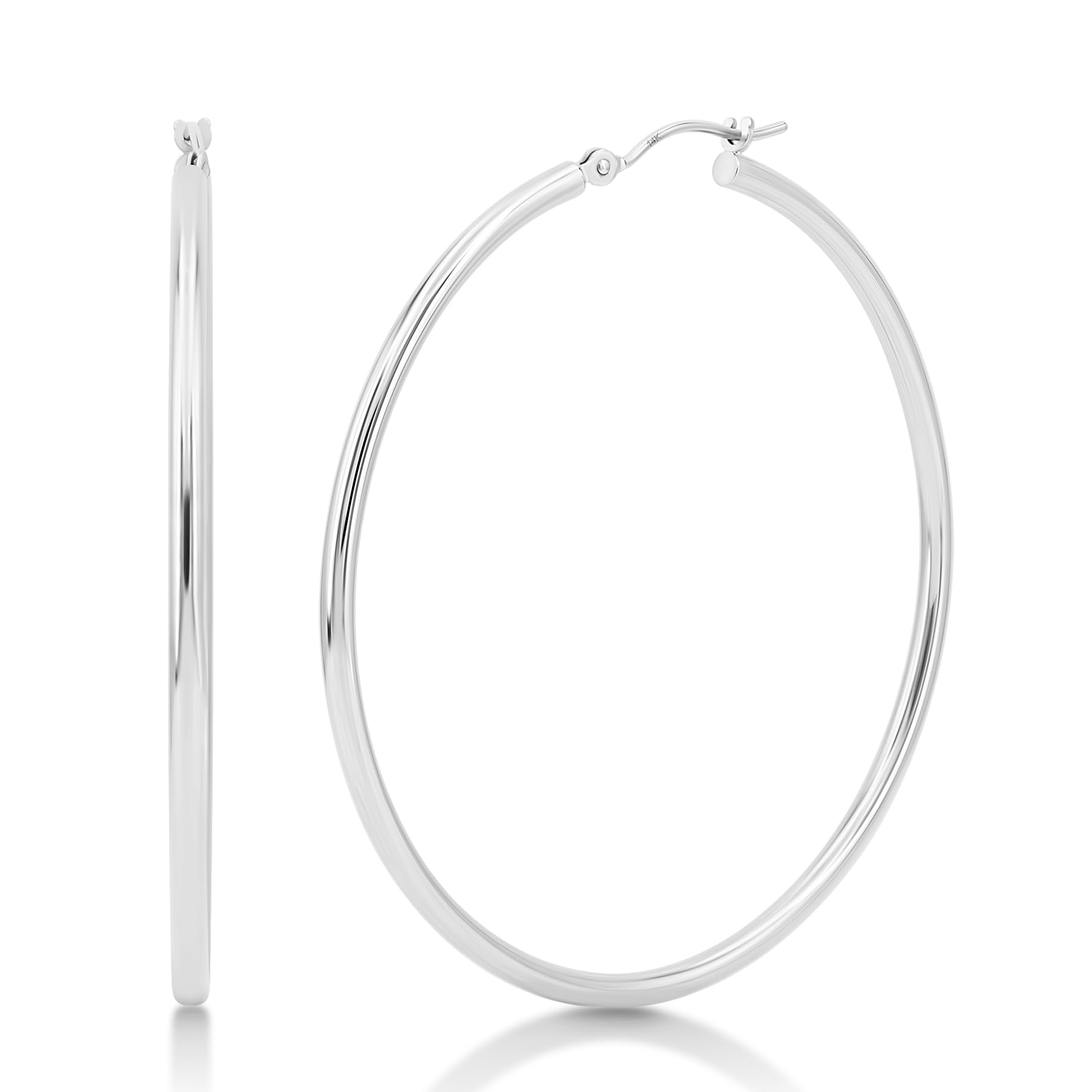 KEZEF 14K Real Gold Hoop Earrings for Women - 2mm Thickness, Lightweight Tube Hoops for Women with High Polish Finish in 14 kt White Gold - 50mm / 2" Diameter