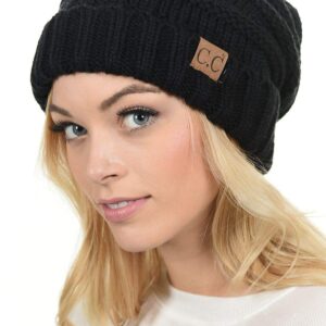 C.C Hat-100 Oversized Baggy Slouch Thick Warm Cap Hat Skully Cable Knit Beanie Black