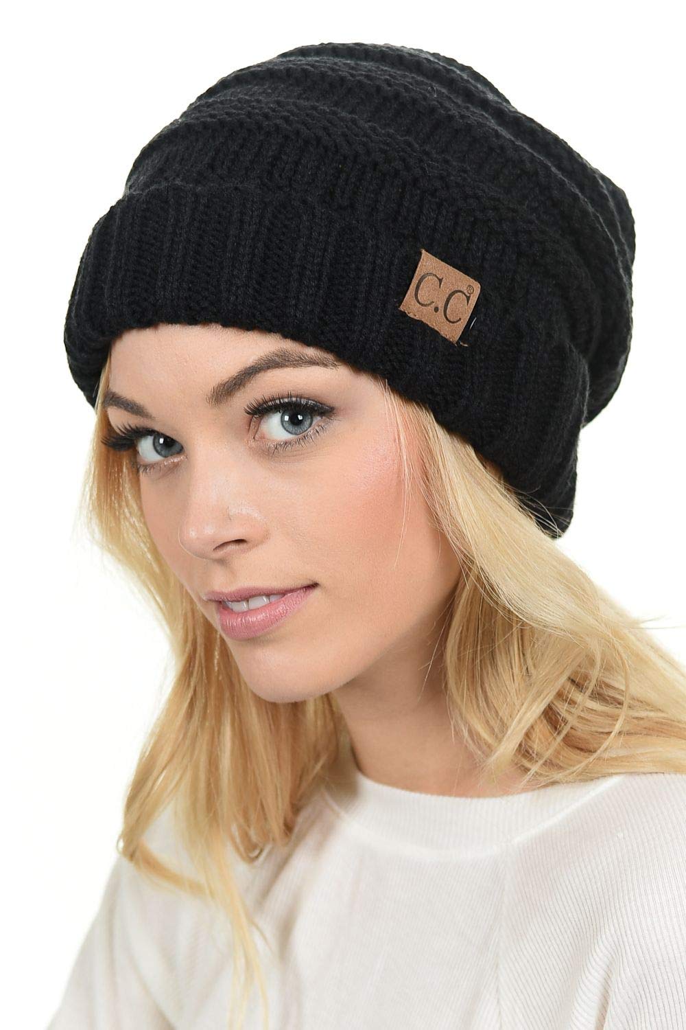 C.C Hat-100 Oversized Baggy Slouch Thick Warm Cap Hat Skully Cable Knit Beanie Black