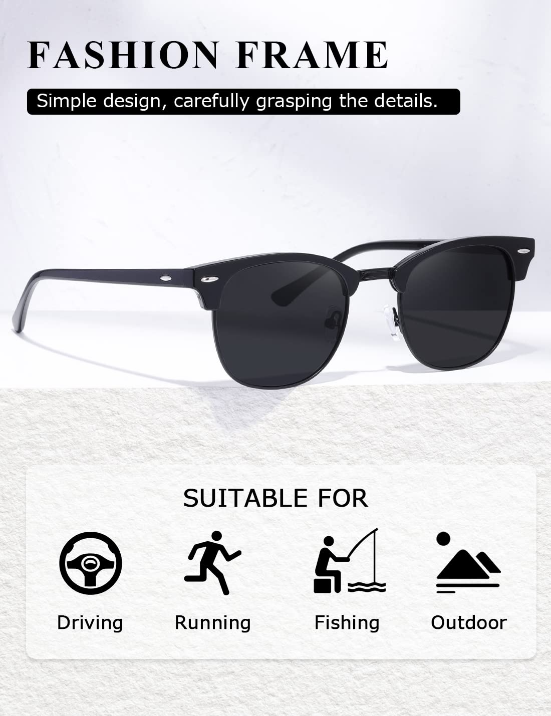 AEVOGUE Polarized Sunglasses For Women And Men Semi Rimless Frame Retro Sun Glasses AE0369 (All Black)