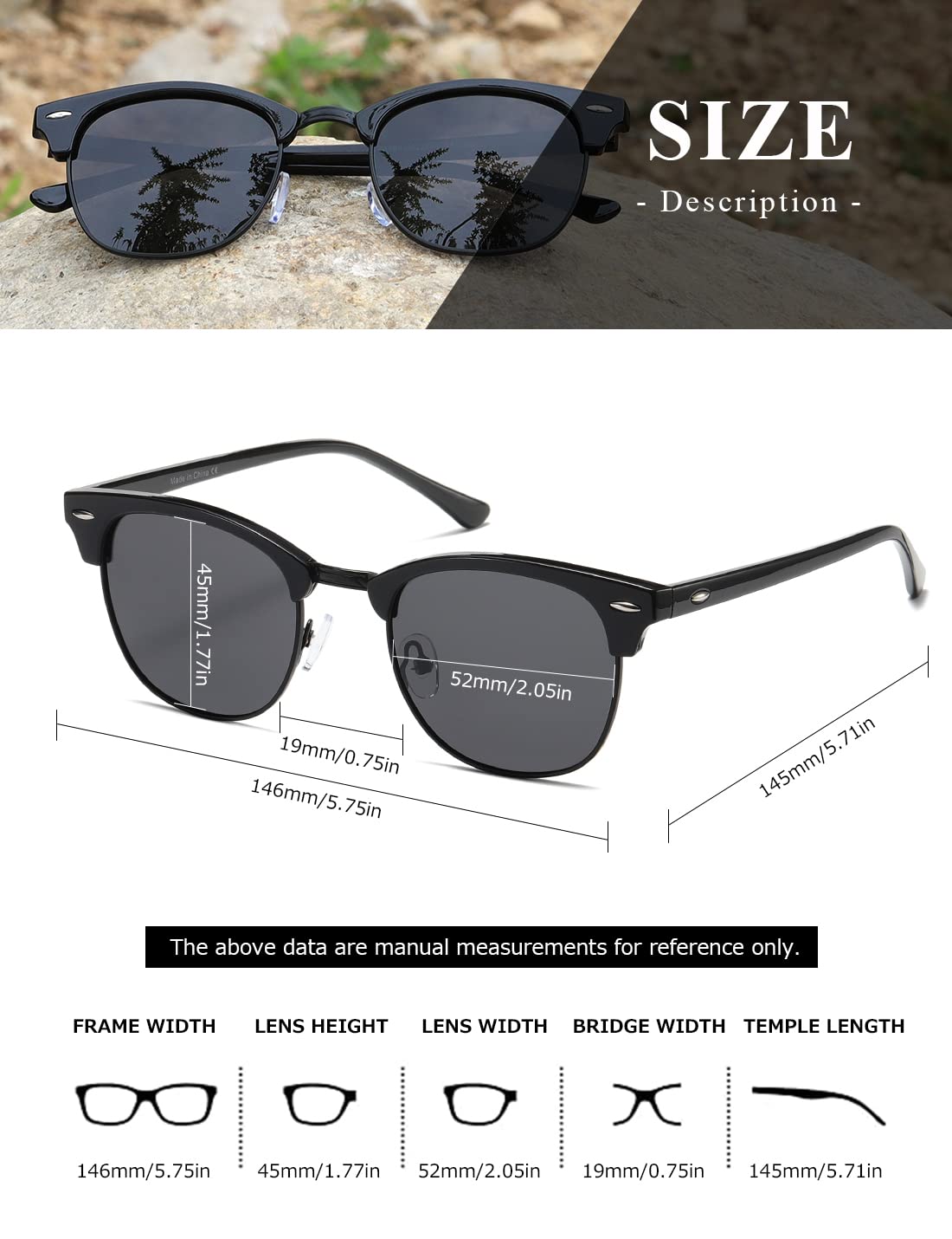 AEVOGUE Polarized Sunglasses For Women And Men Semi Rimless Frame Retro Sun Glasses AE0369 (All Black)