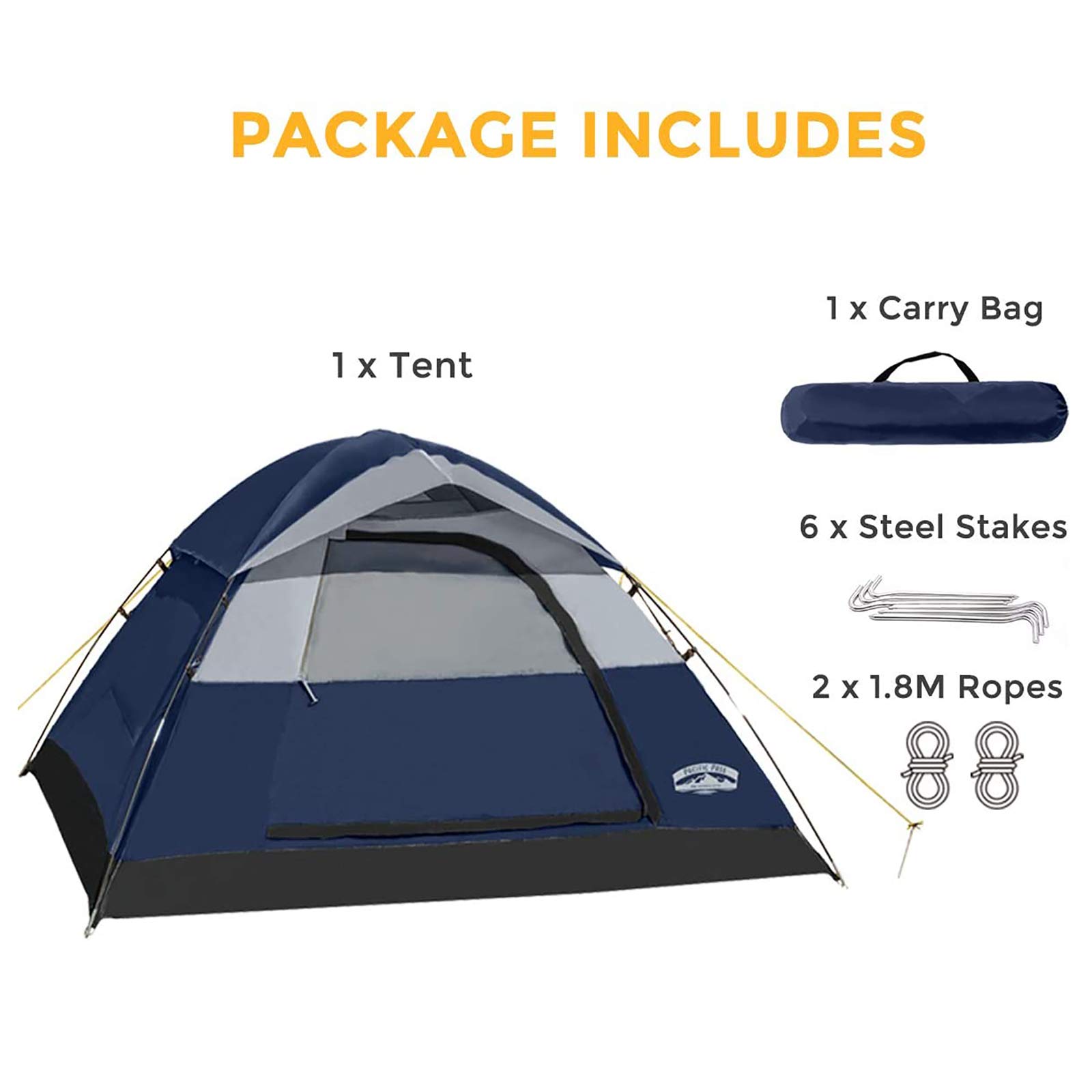 Pacific Pass 2 Person Family Dome Tent with Removable Rain Fly, Easy Set Up for Camp Backpacking Hiking Outdoor, 82.7 x 82.7 x 47.2 inches, Navy Blue