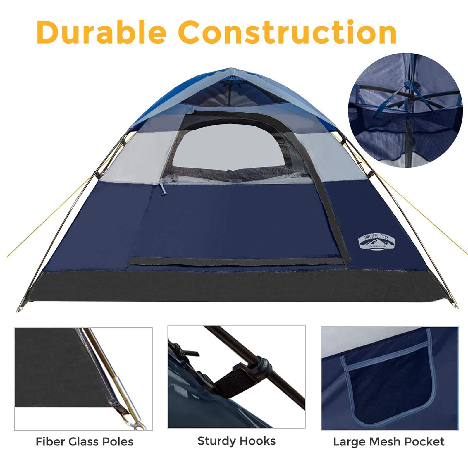 Pacific Pass 2 Person Family Dome Tent with Removable Rain Fly, Easy Set Up for Camp Backpacking Hiking Outdoor, 82.7 x 82.7 x 47.2 inches, Navy Blue