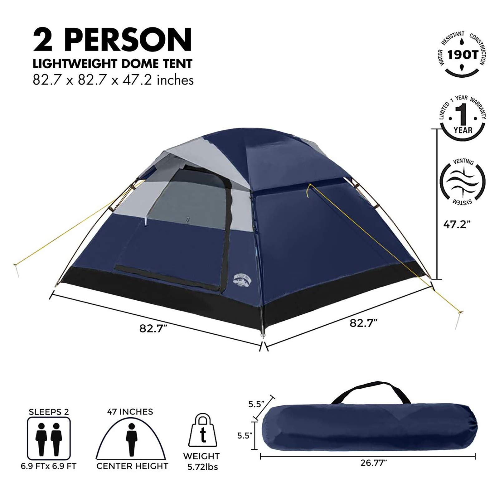 Pacific Pass 2 Person Family Dome Tent with Removable Rain Fly, Easy Set Up for Camp Backpacking Hiking Outdoor, 82.7 x 82.7 x 47.2 inches, Navy Blue