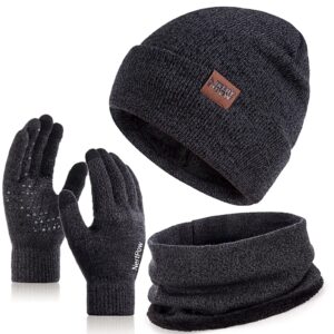 winter 1-3 pcs beanie hat gloves scarf for men and women, knit thick fleece lined warm touchscreen gloves beanie infitiny scarf set (gloves&beanie&scarf black dark gray)