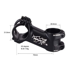 MTB Stem 31.8 Stem 70mm 25 Degree Wake Mountain Bike Stem Short Handlebar Stem for Most Bicycle, Road Bike, MTN, BMX, Fixie Gear, Cycling (Aluminum Alloy, Black)