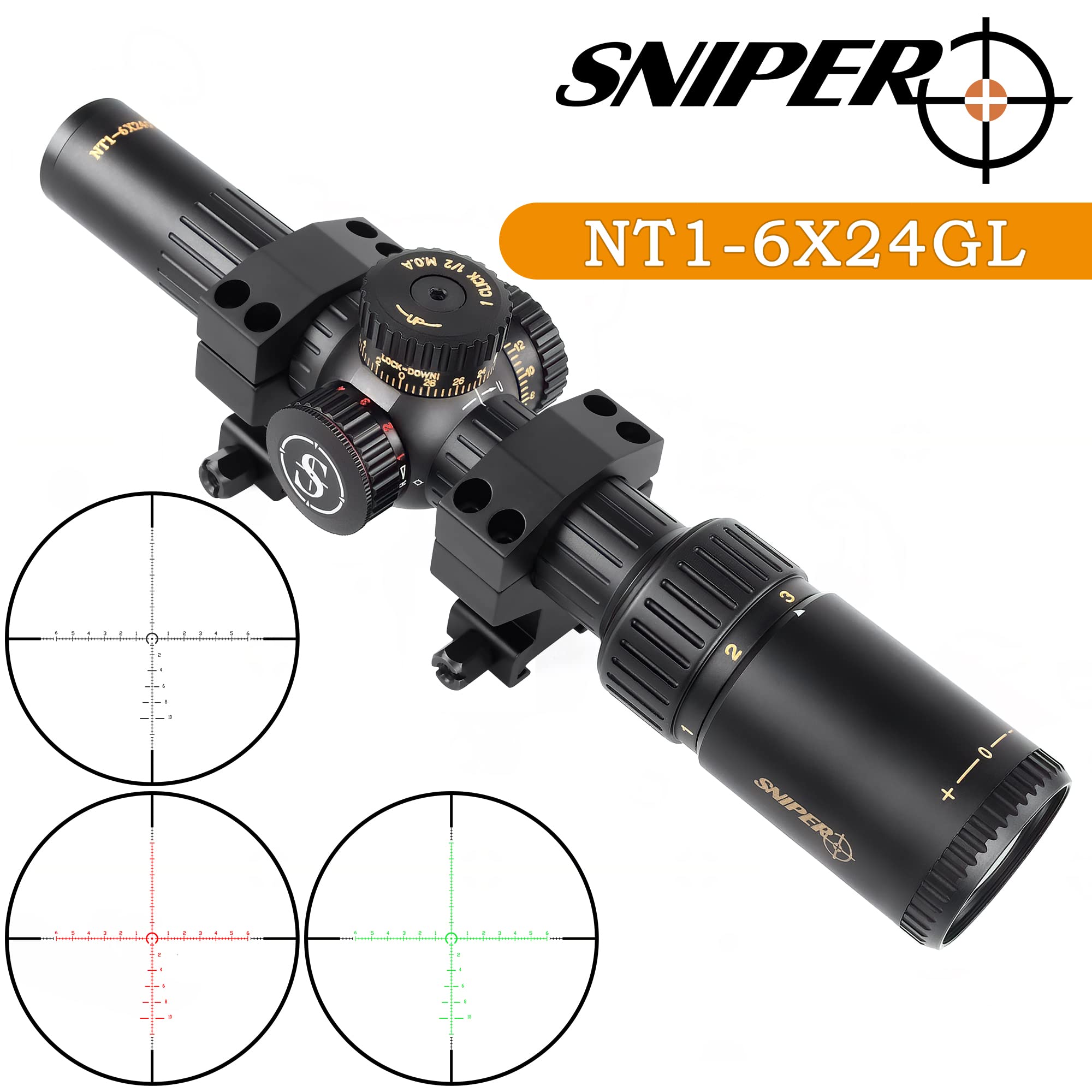 Sniper NT1-6X24GL Riflescope 1-6x24 LPVO Rifle Scope Red/Green Illuminated Reticle