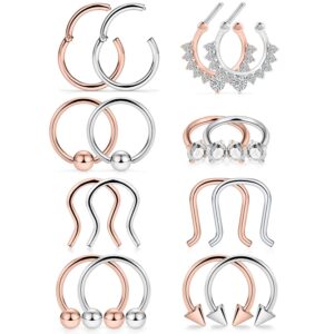 SCERRING 8PCS 16G Stainless Steel Hinged Seamless Septum Hoop Nose Ring Horseshoe Rings Cartilage Daith Tragus Clicker Retainer Body Piercing Jewelry Clear CZ Style 1# Black