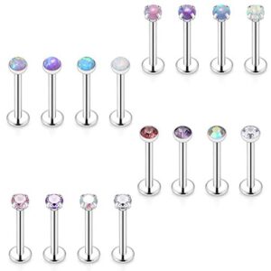 scerring 16pcs 16g 2mm clear cz opal internally threaded labret monroe lip ring tragus nail helix earring stud piercing jewelry bar length 6mm