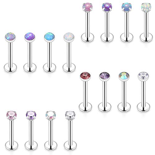 SCERRING 16PCS 16G 2mm Clear CZ Opal Internally Threaded Labret Monroe Lip Ring Tragus Nail Helix Earring Stud Piercing Jewelry Bar Length 6mm