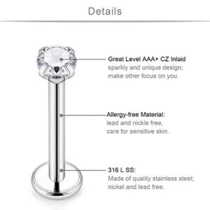 SCERRING 16PCS 16G 2mm Clear CZ Opal Internally Threaded Labret Monroe Lip Ring Tragus Nail Helix Earring Stud Piercing Jewelry Bar Length 6mm