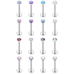 SCERRING 16PCS 16G 2mm Clear CZ Opal Internally Threaded Labret Monroe Lip Ring Tragus Nail Helix Earring Stud Piercing Jewelry Bar Length 6mm