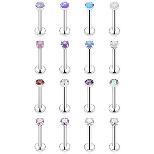 SCERRING 16PCS 16G 2mm Clear CZ Opal Internally Threaded Labret Monroe Lip Ring Tragus Nail Helix Earring Stud Piercing Jewelry Bar Length 6mm