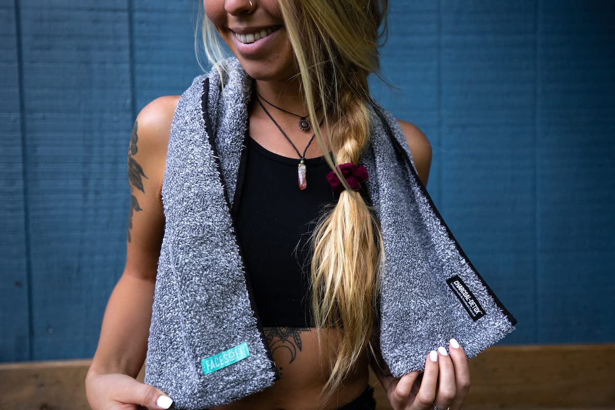 Facesoft Yoga Towel - Infused with Activated Charcoal to Detoxify and Sweat - Made with Eco-Friendly Aqua-Cotton Yarn - Biodegradable and Sustainable - All Ages