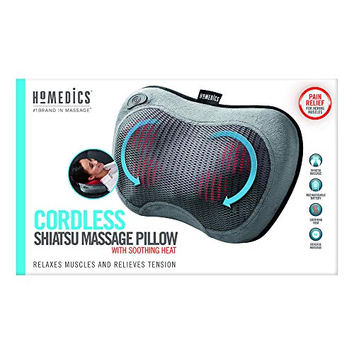 Homedics Cordless Shiatsu All-Body Massage Pillow with Soothing Heat, Reverse Function, Rechargeable Battery, and Integrated Controls –Lightweight