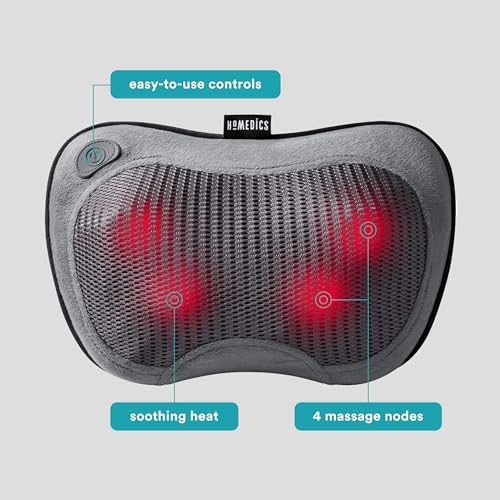 Homedics Cordless Shiatsu All-Body Massage Pillow with Soothing Heat, Reverse Function, Rechargeable Battery, and Integrated Controls –Lightweight