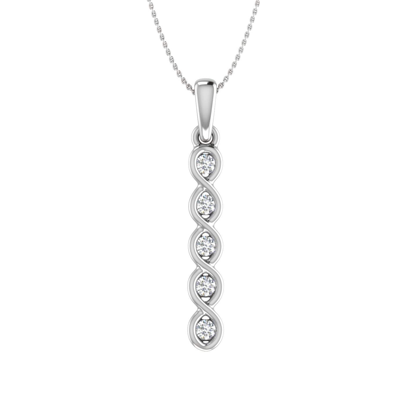 FINEROCK 0.16 ctw Channel Set Diamond Ladies Vertical Bar Pendant in 10K White Gold (Silver Chain Included)