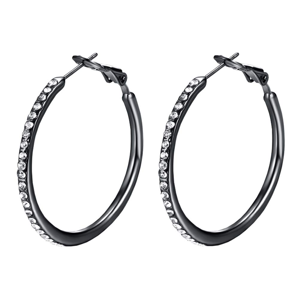 YUQIGG Hoops Earrings, Fashion Jewelry CZ Cubic Zirconia Rhinestone Black Hoop Earrings for Women Gifts 1.38in