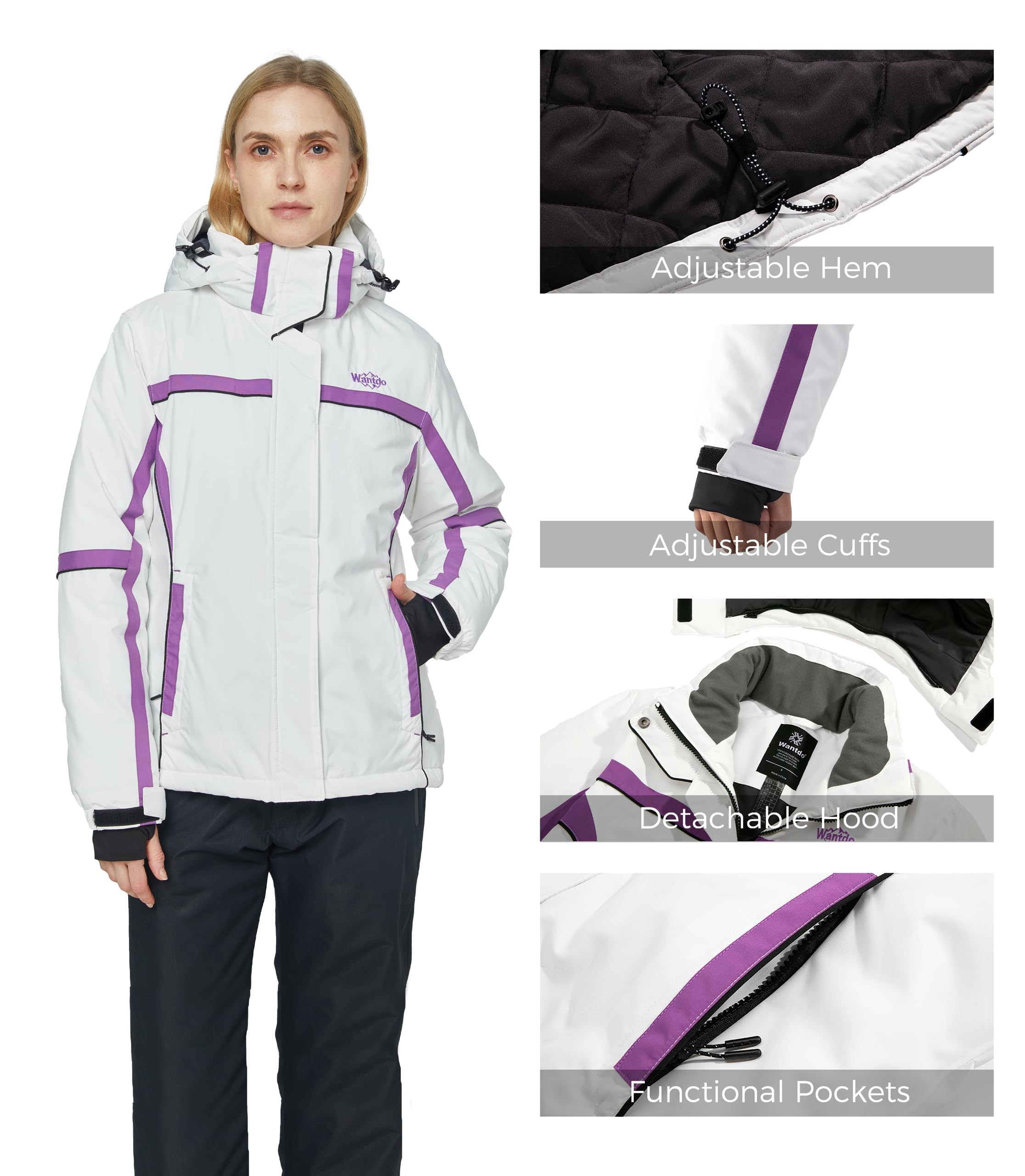 wantdo Women's Winter Printed Waterproof Ski Jacket Raincoat with Hood White L