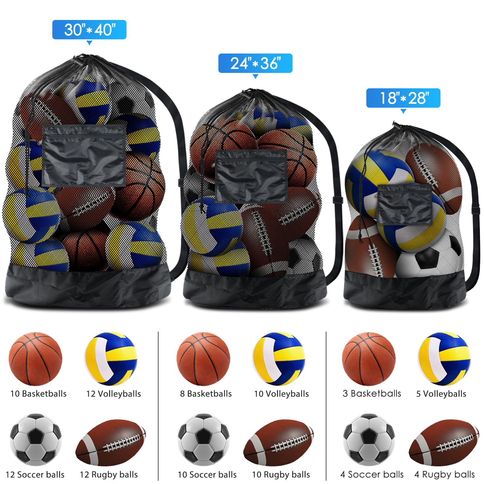 BROTOU Extra Large Sports Ball Bag Mesh Socce Ball Bag Heavy Duty Drawstring Bags Team Work for Holding Basketball, Volleyball, Baseball, Swimming Gear with Shoulder Strap