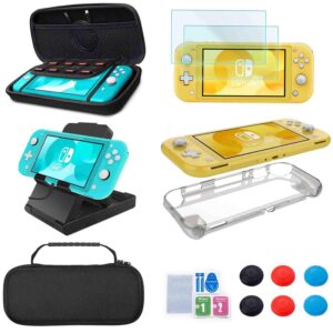 Accessories Kit for Nintendo Switch Lite - YOOWA Accessories Bundle with Carrying Case Protective Cover case and 2-Pack Tempered Glass Screen Protector, Adjustable Play Stand, 6 Thumb Grips